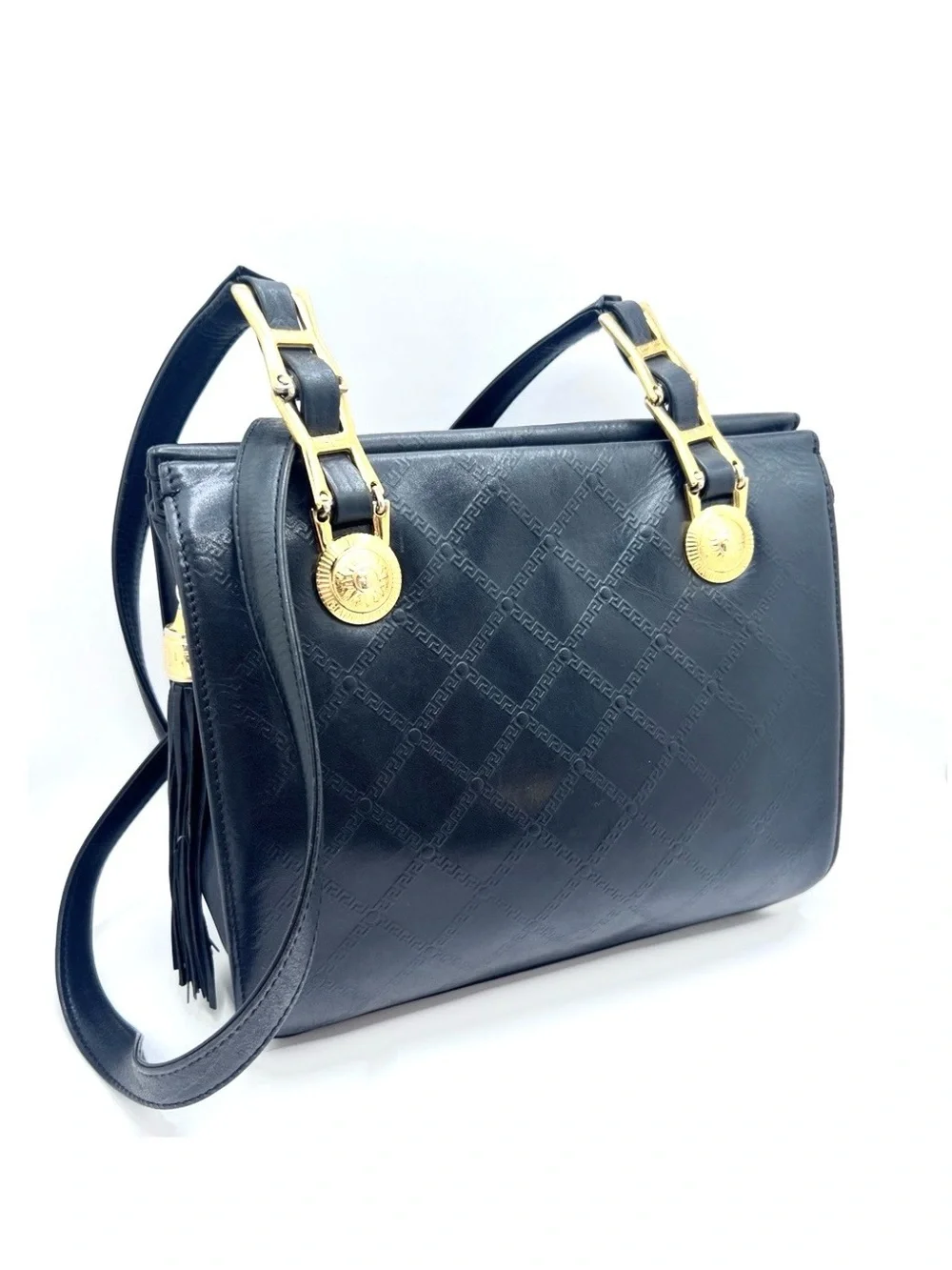 Authentic VERSACE Vintage Black Leather Zip Shoulder Bag Purse W/ Tassel